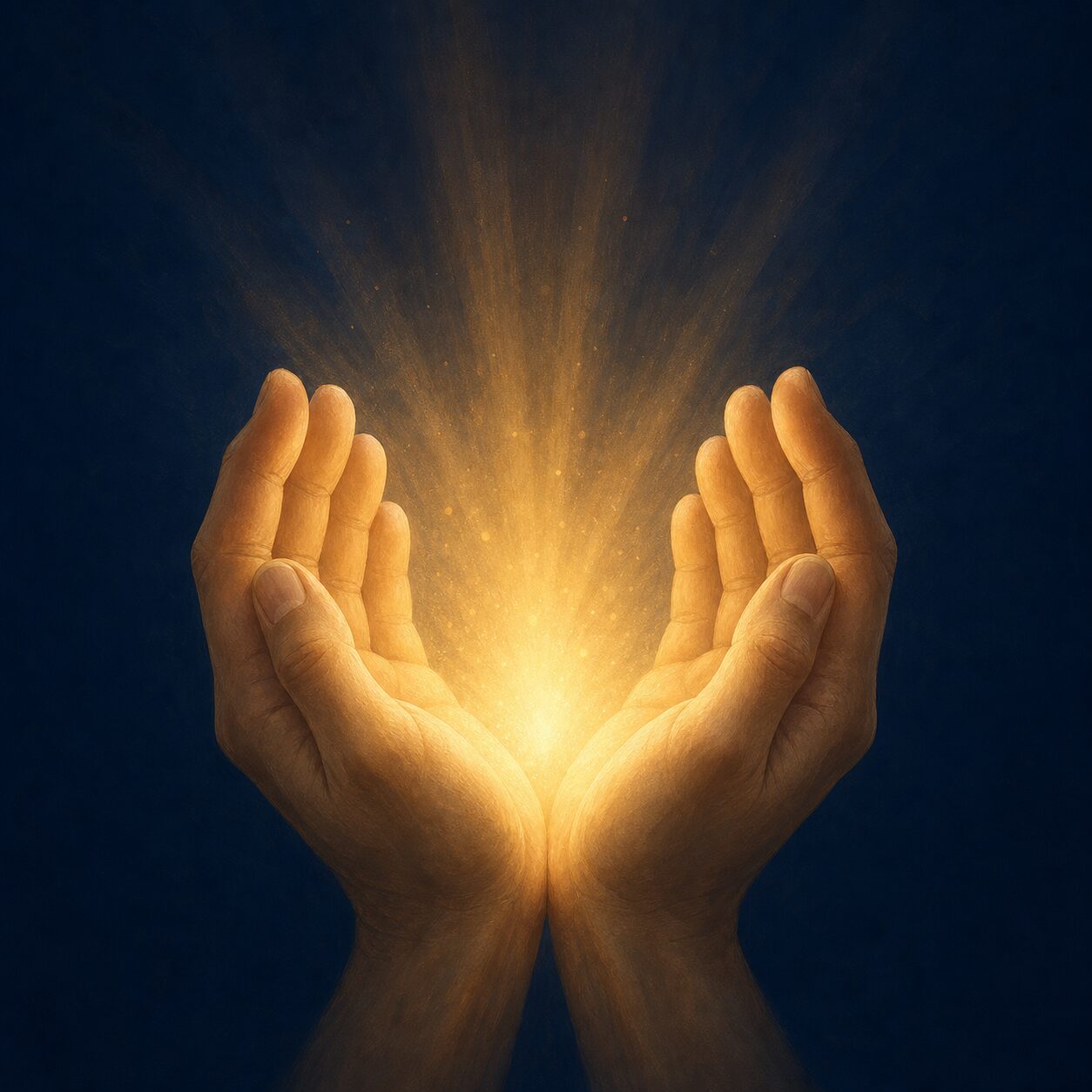 Symbolic illustration of two hands cupped together with warm light shining out between them