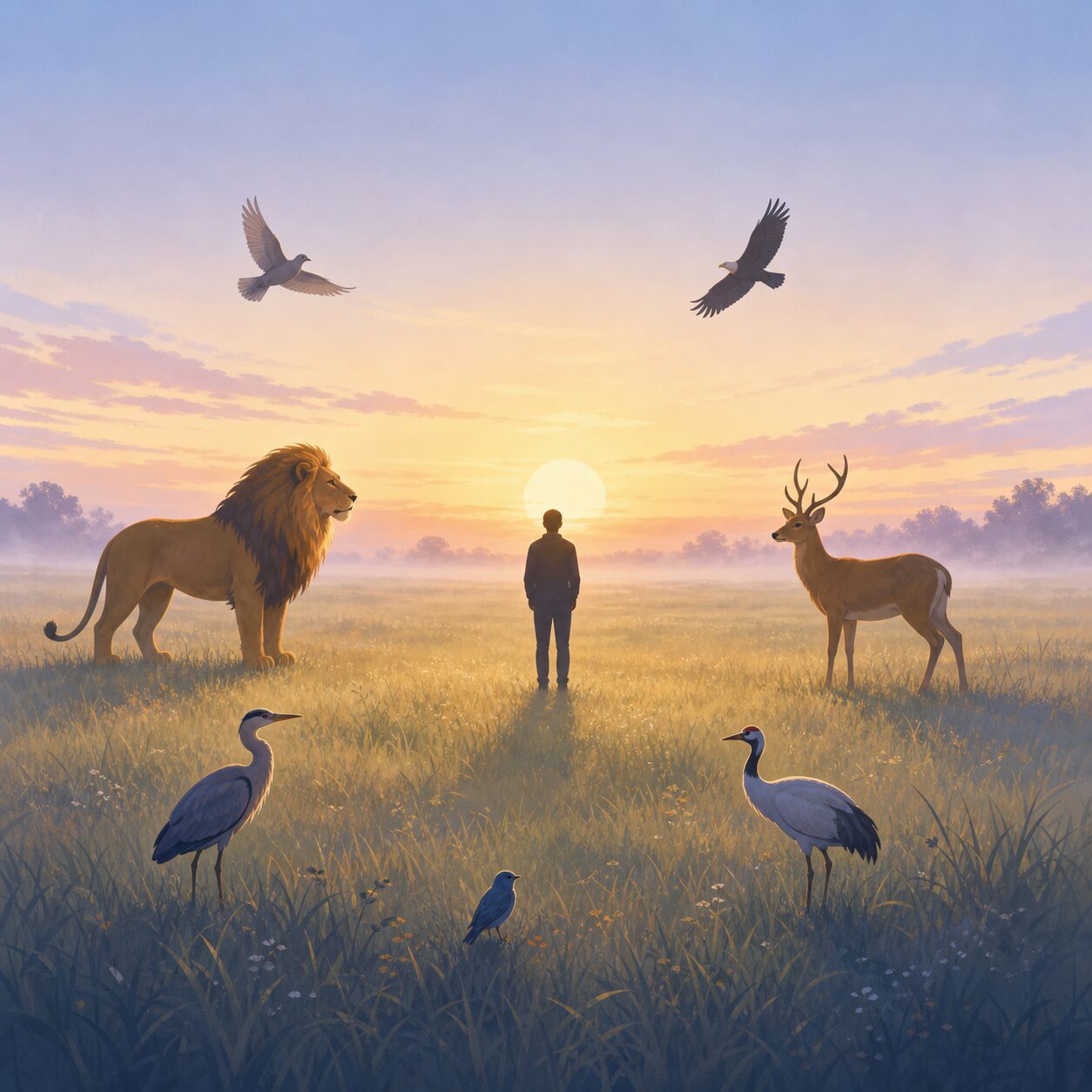 Symbolic illustration of animals fearfully keeping their distance from a human silhouette in the dawn light