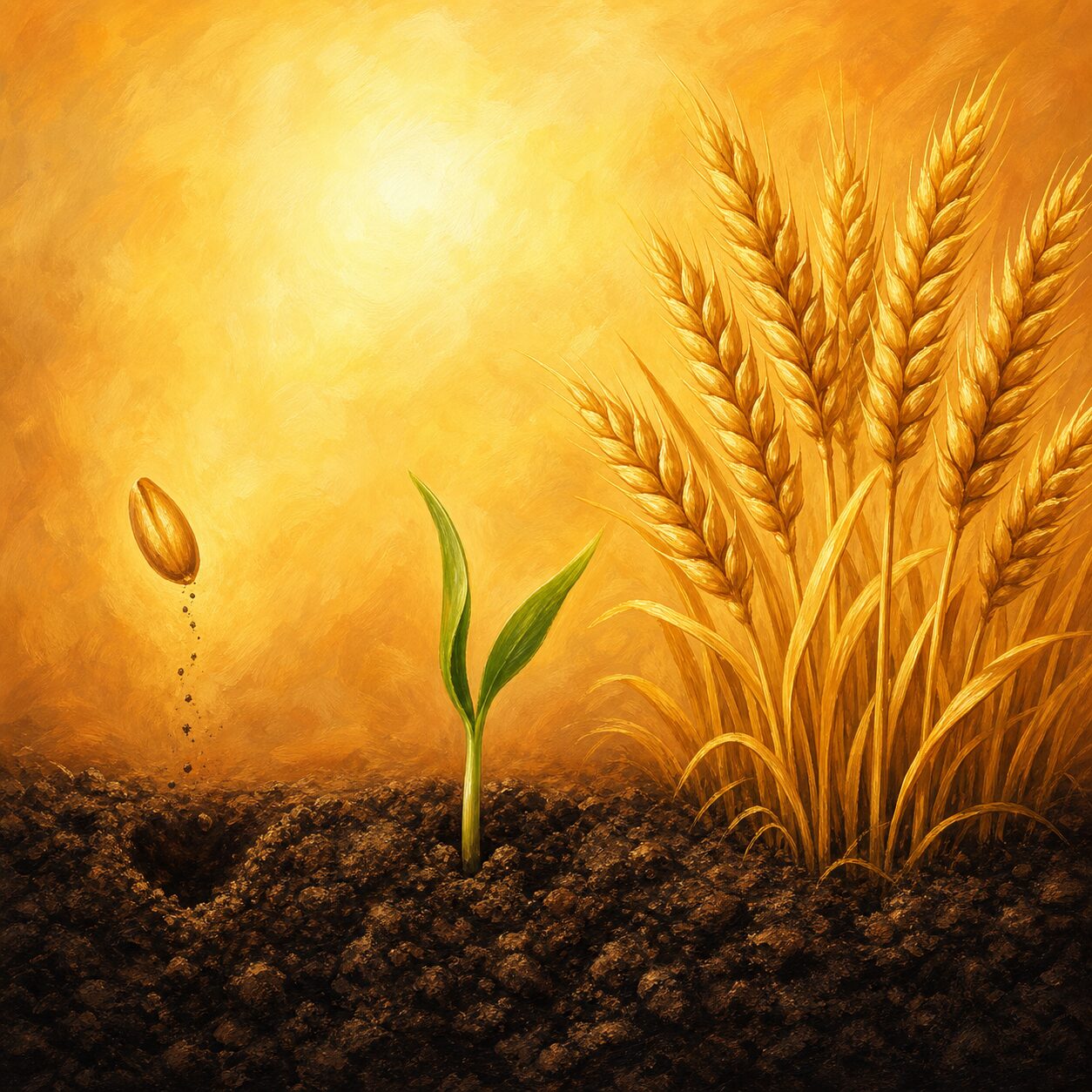 An illustration of a single grain of wheat dying and bearing much fruit. It symbolizes how the death of self-denial leads to the abundance of disciple reproduction (John 12:24).