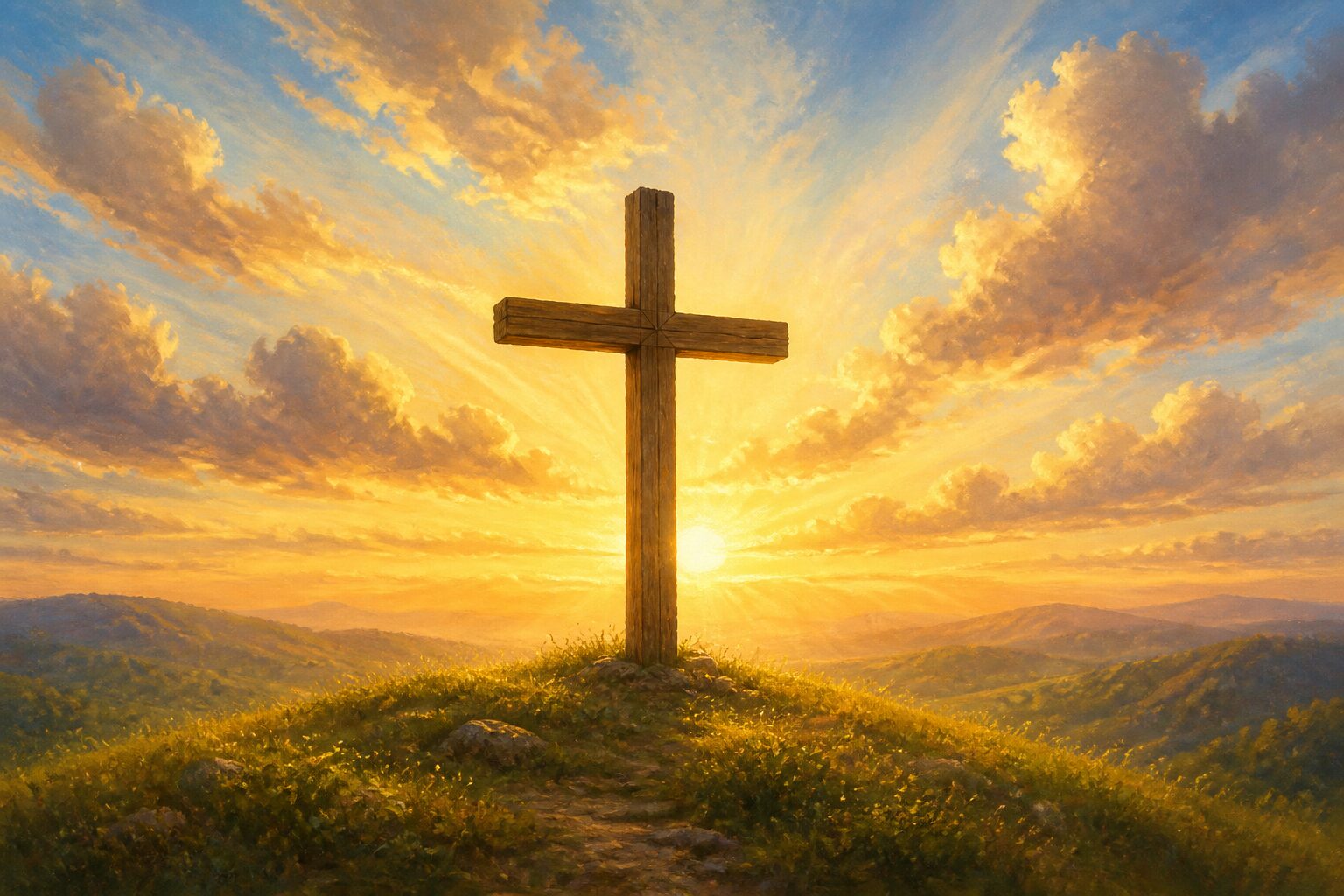 Symbolic illustration of an empty cross on a hill with light pouring through the dawn