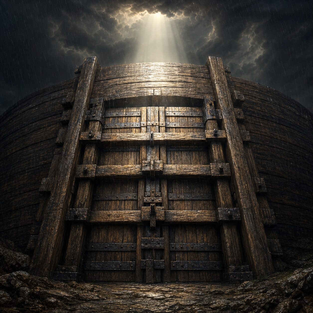 A massive wooden ark door sealed shut from the outside