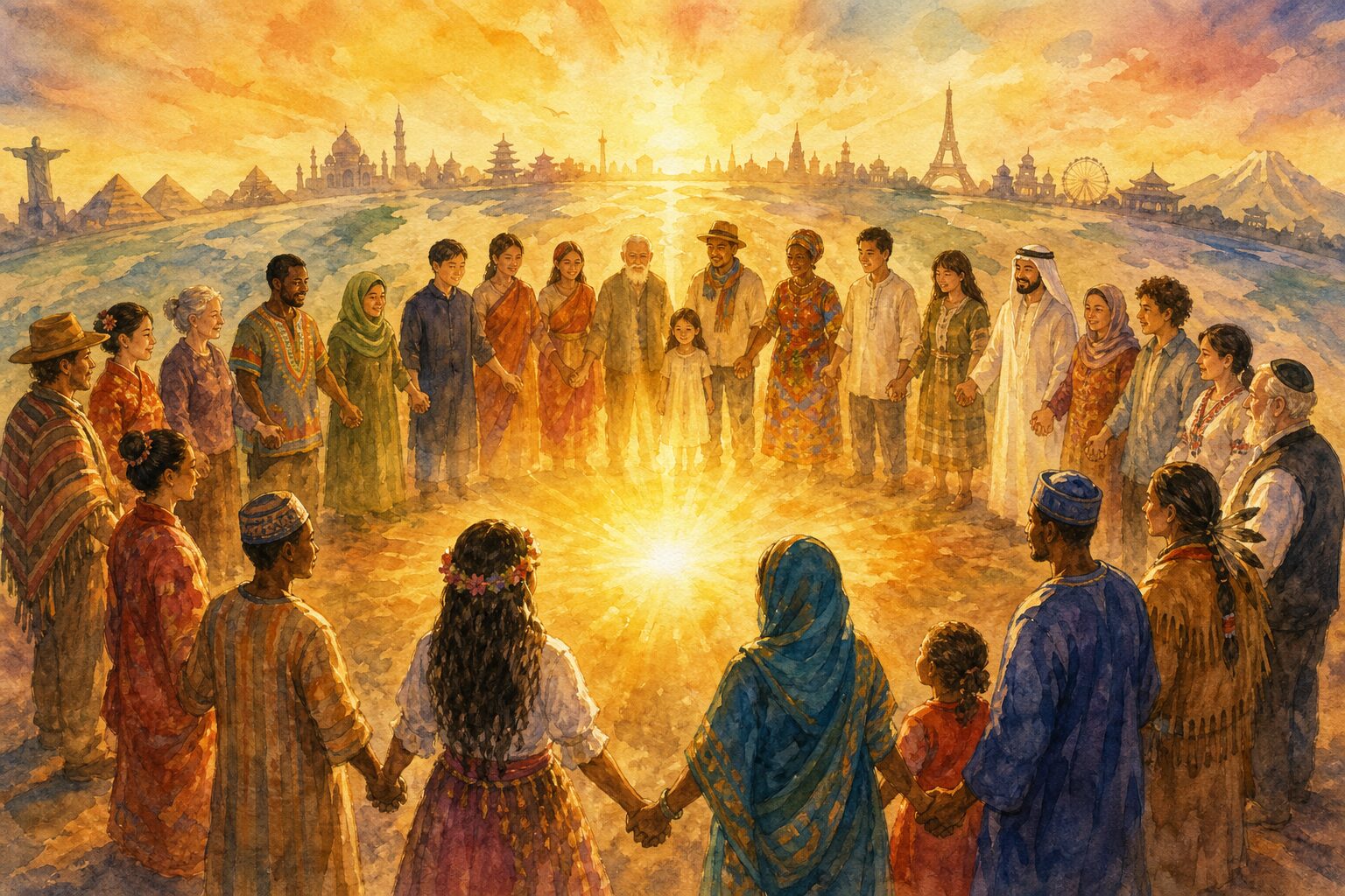 People of many nations holding hands around a light — love flowing to the nations