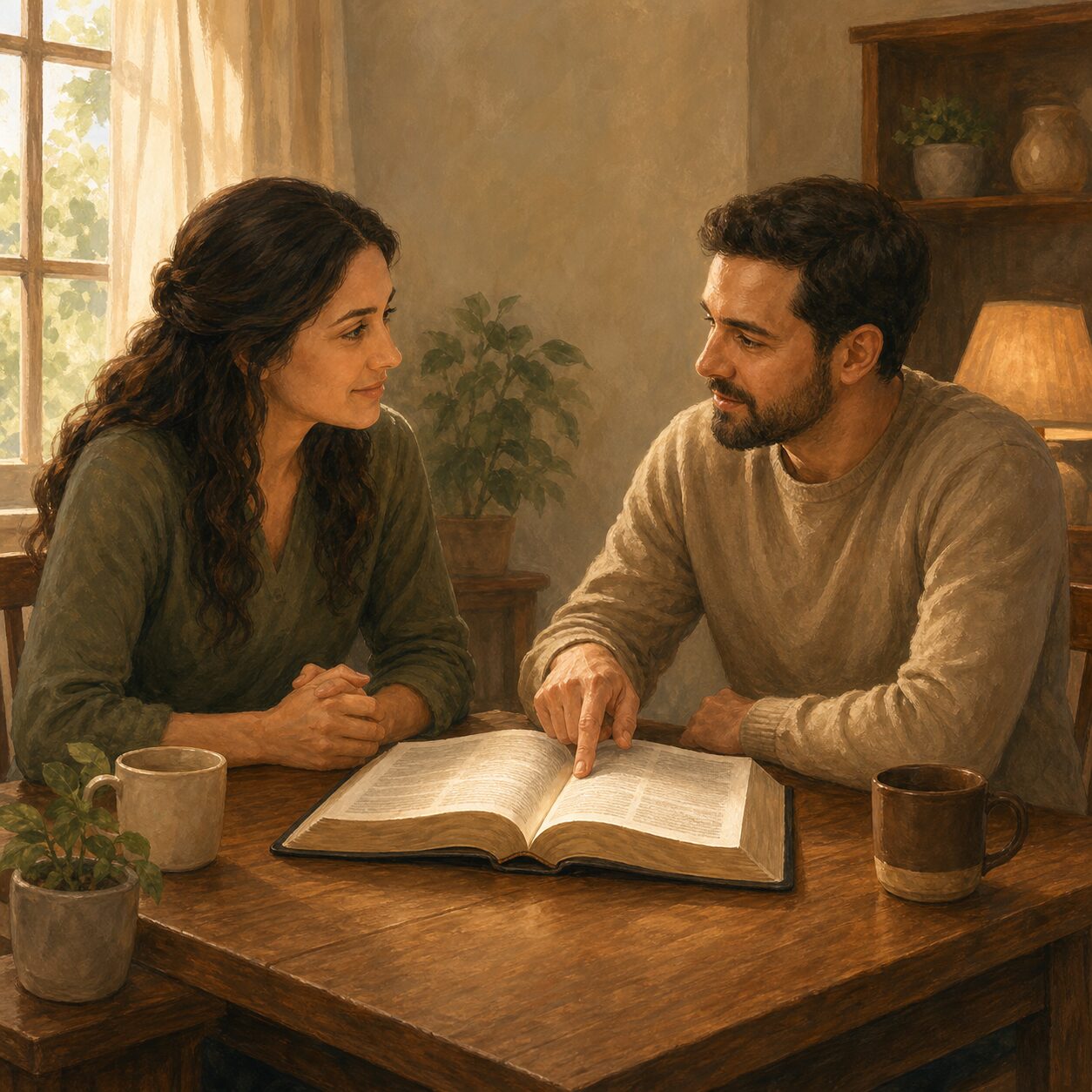 Illustration of one-on-one discipleship training — two people opening Scripture and sharing it together