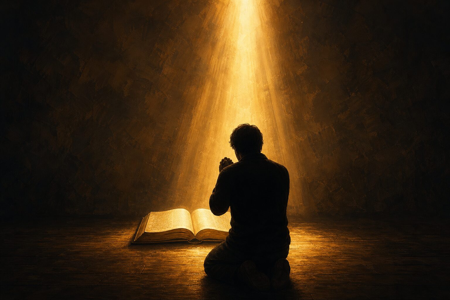 A person kneeling before the light of Scripture — a symbolic illustration of prayer seeking what is true