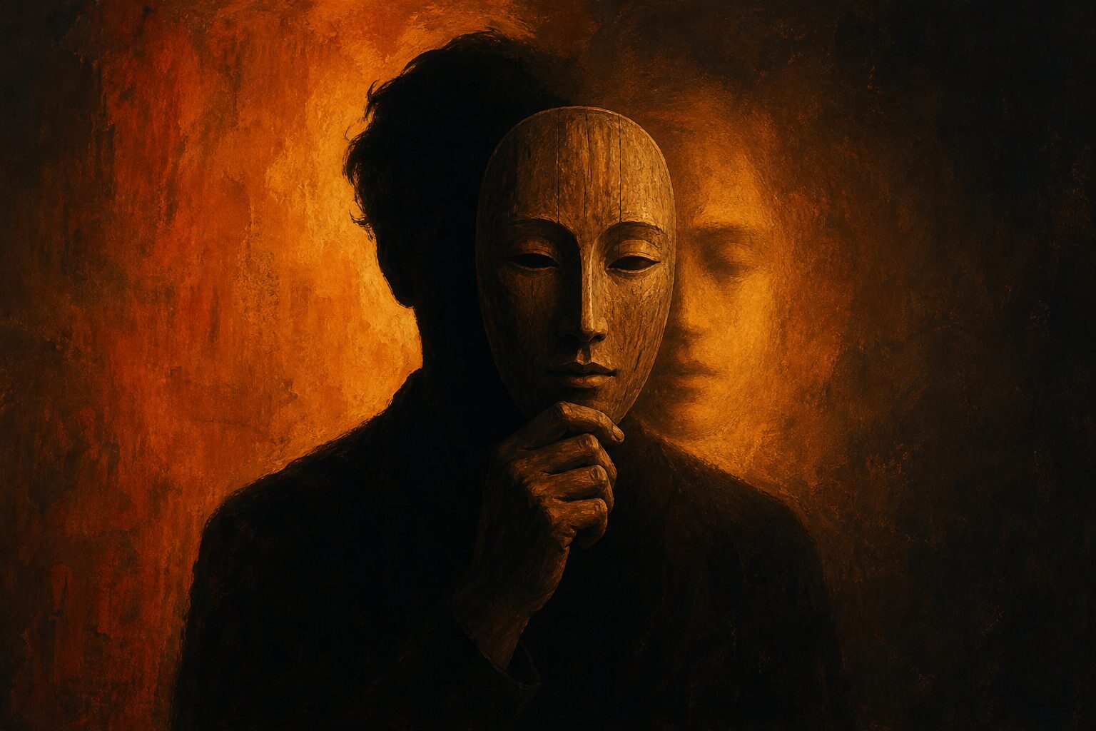 A mask and the face behind it — a symbolic illustration of the real and the fake