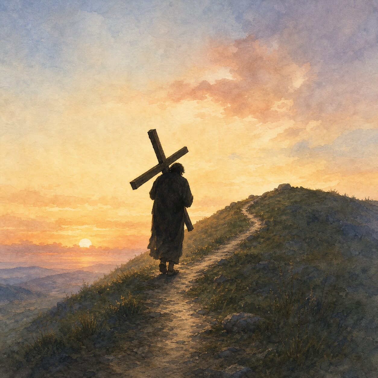 Silhouette illustration of a figure carrying a cross along a narrow mountain path