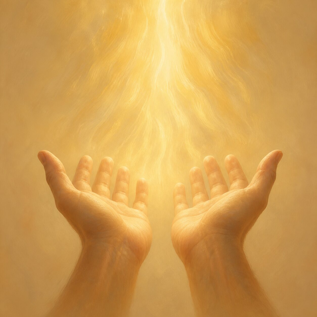 A symbolic illustration of warm golden light descending over two open hands
