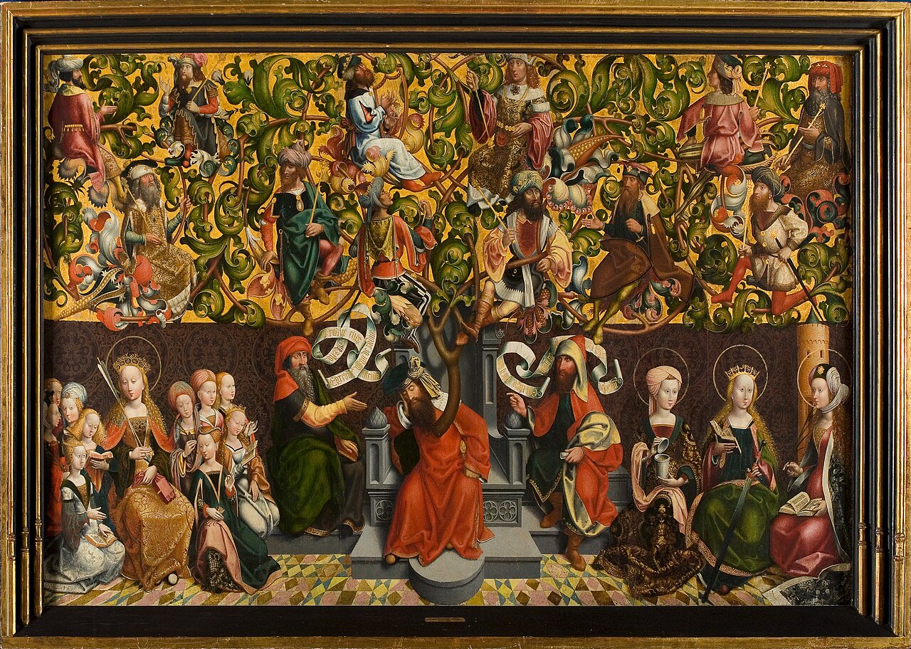 A medieval painting of a tree growing from Jesse's body with ancestors seated in its branches