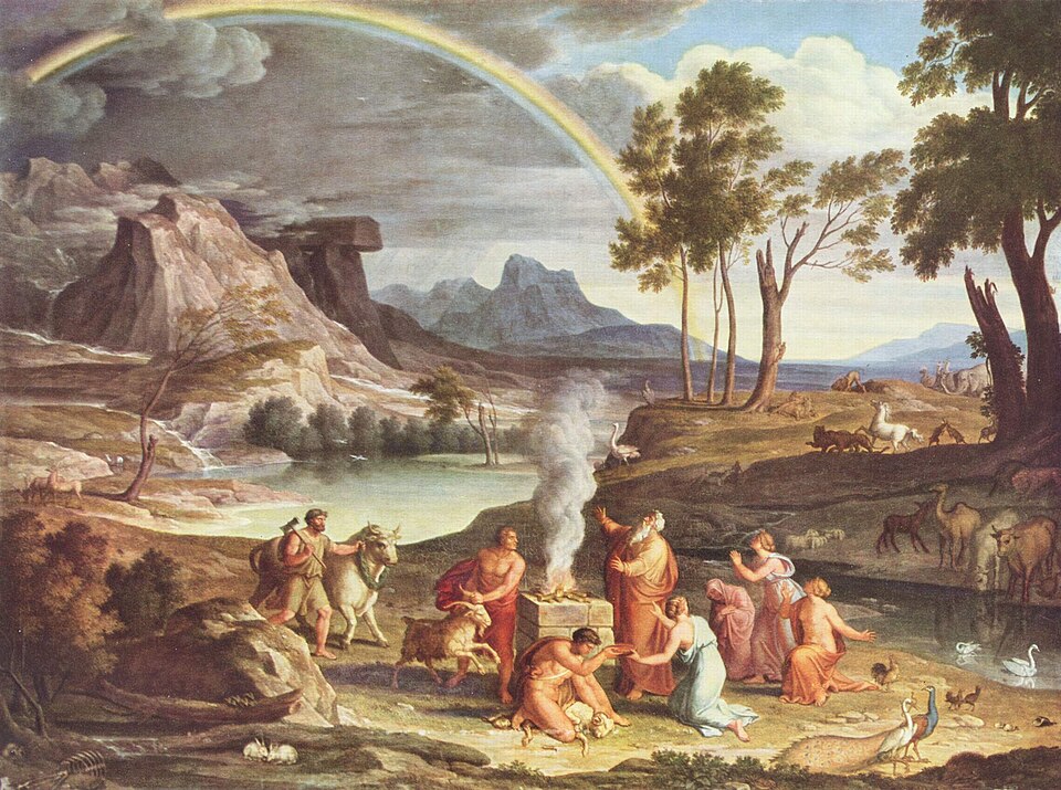 Landscape painting of Noah offering a burnt offering at an altar, with a rainbow arched above