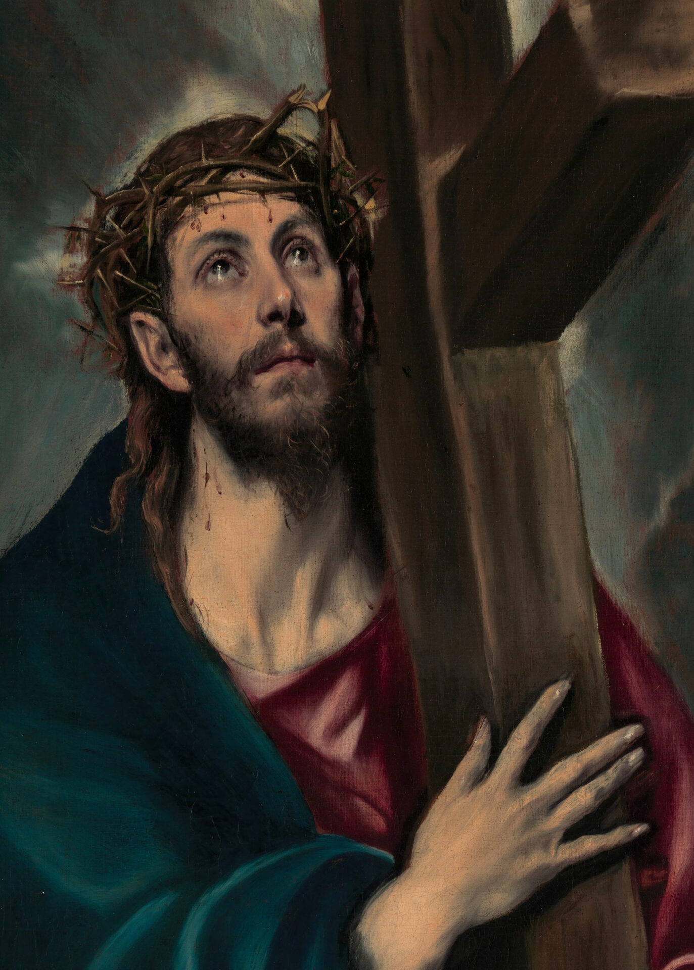 Christ Carrying the Cross (El Greco, c. 1580). Jesus first bore his own cross, and he commands the disciple too to take up his cross and follow him (Luke 9:23).