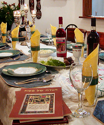 Unleavened bread and wine set for a Passover seder