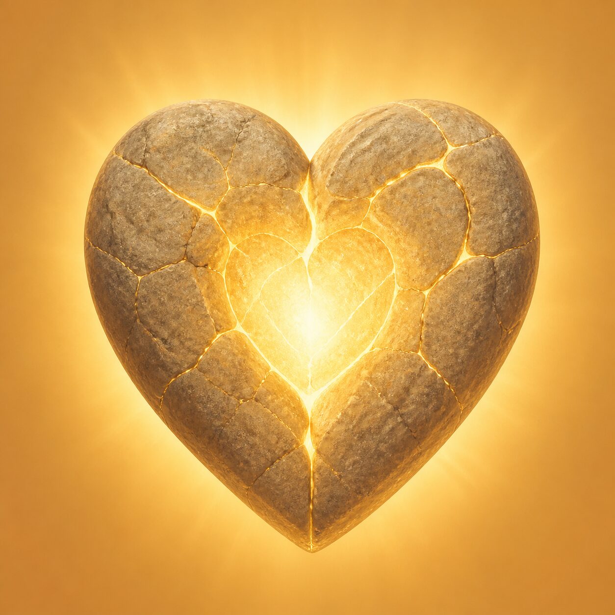 A symbolic illustration of golden light shining through a stone-like heart