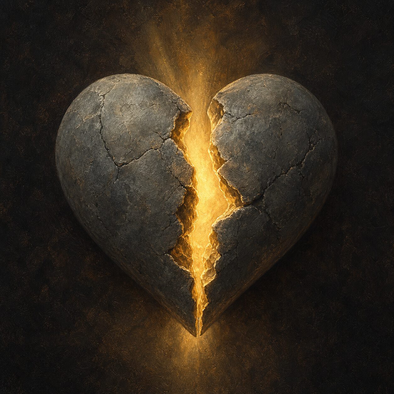 A stony heart splitting open with light pouring out from within