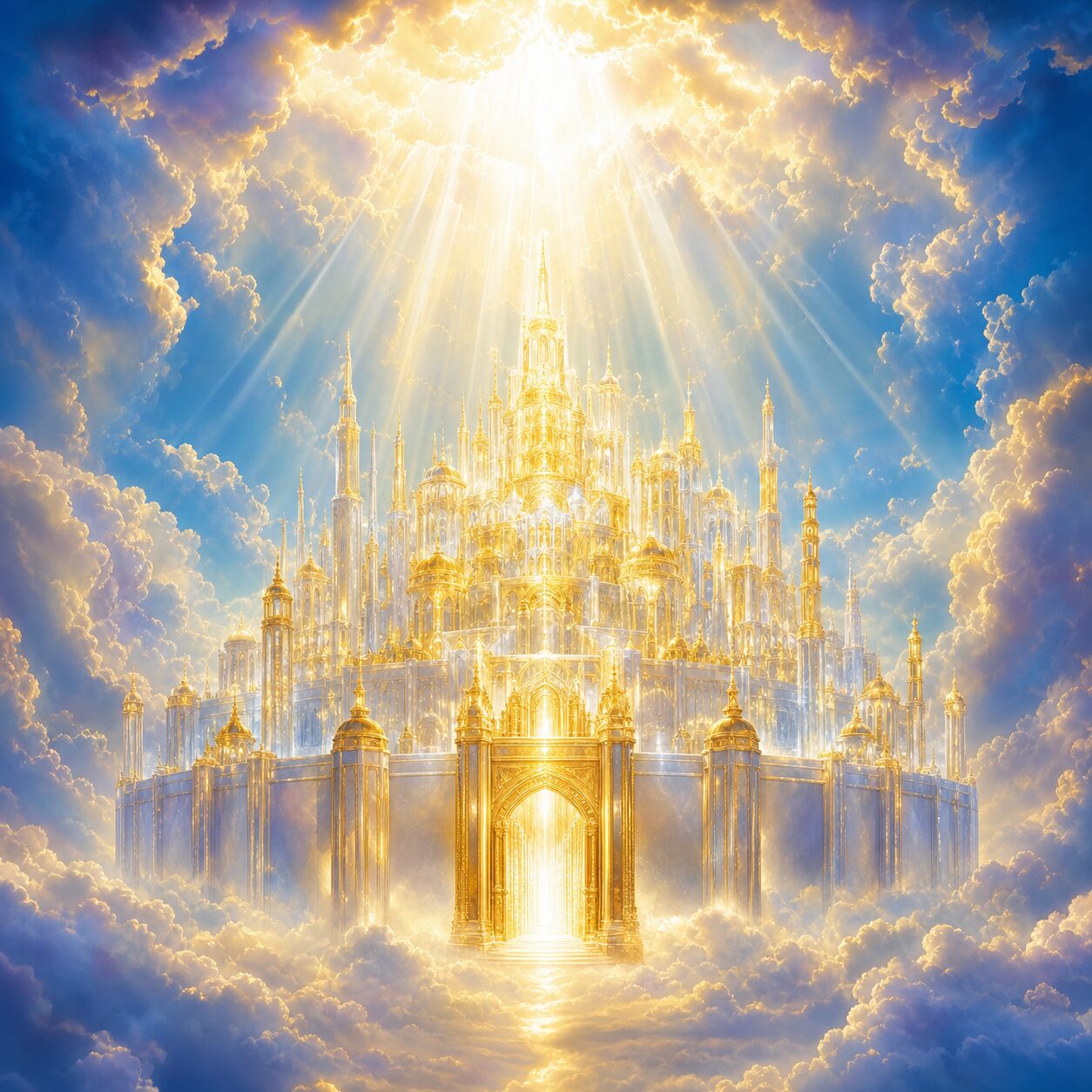 A golden heavenly city radiating light, descending from the sky through the clouds