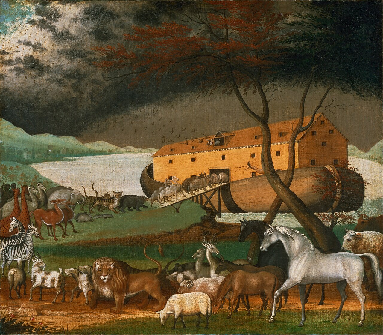 Animals entering Noah's Ark in a long procession