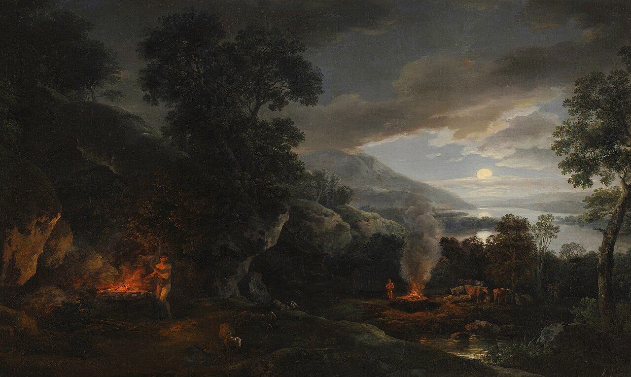 Claude-Joseph Vernet, “Cain and Abel Bringing Their Sacrifices” (18th c.) — on the right the altar smoke rises straight up while on the left it hangs low, contrasting the accepted and the rejected offering.