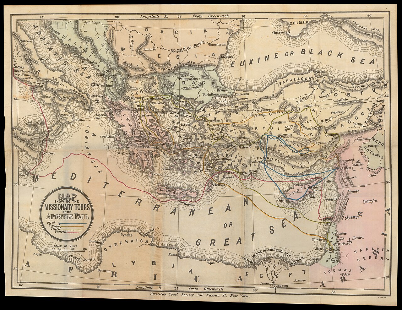 An old map charting the missionary journeys of the Apostle Paul. The gospel began in Jerusalem and reached through the Mediterranean world to the ends of the earth.