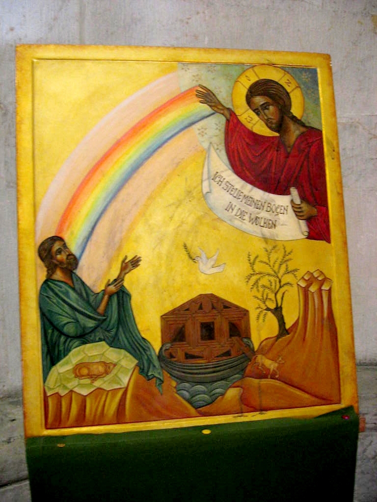 Icon-style painting of a rainbow set in the clouds with Noah emerging from the ark below