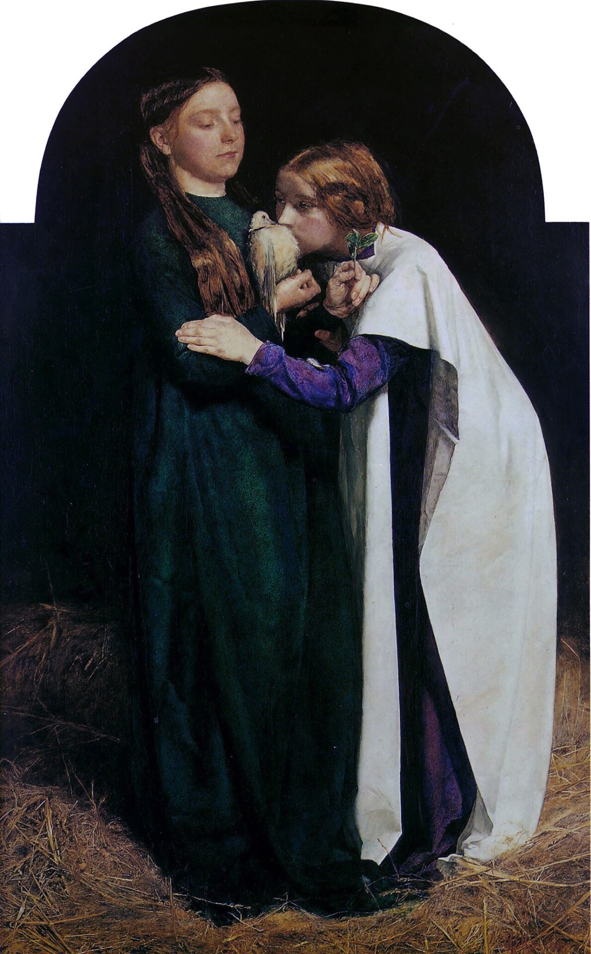People inside the ark welcoming the dove that returns with an olive leaf in its beak