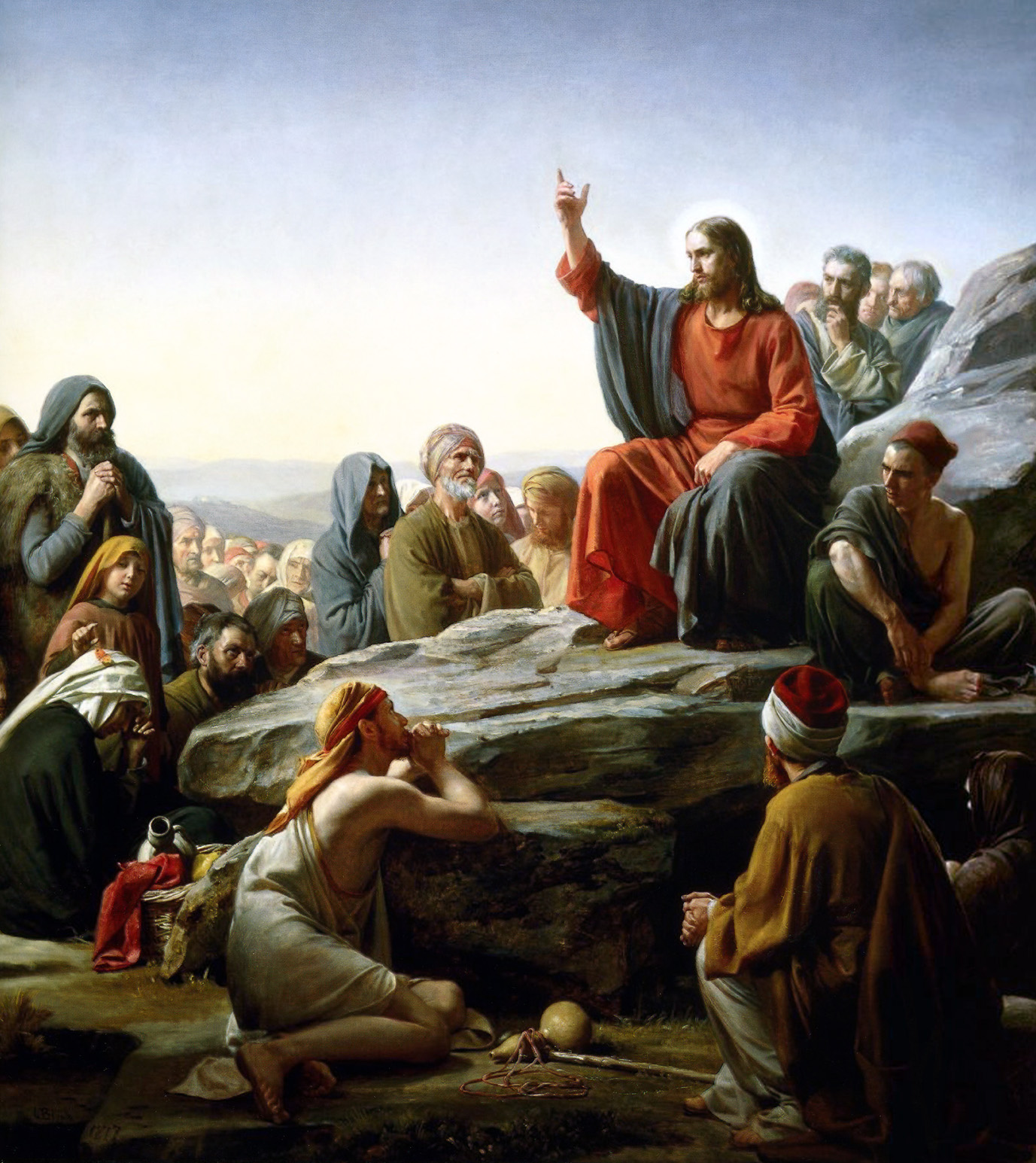 Classical painting of Jesus teaching a crowd on a mountainside