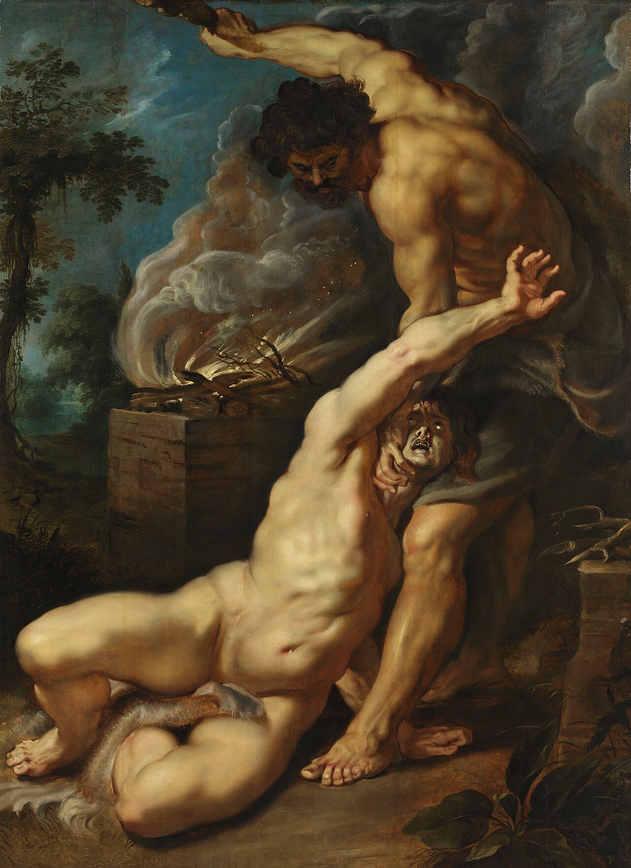 Peter Paul Rubens, “Cain slaying his brother Abel” (1608–1609), The Courtauld, London — the first murder unfolds beside the smoking altar (Genesis 4:8).