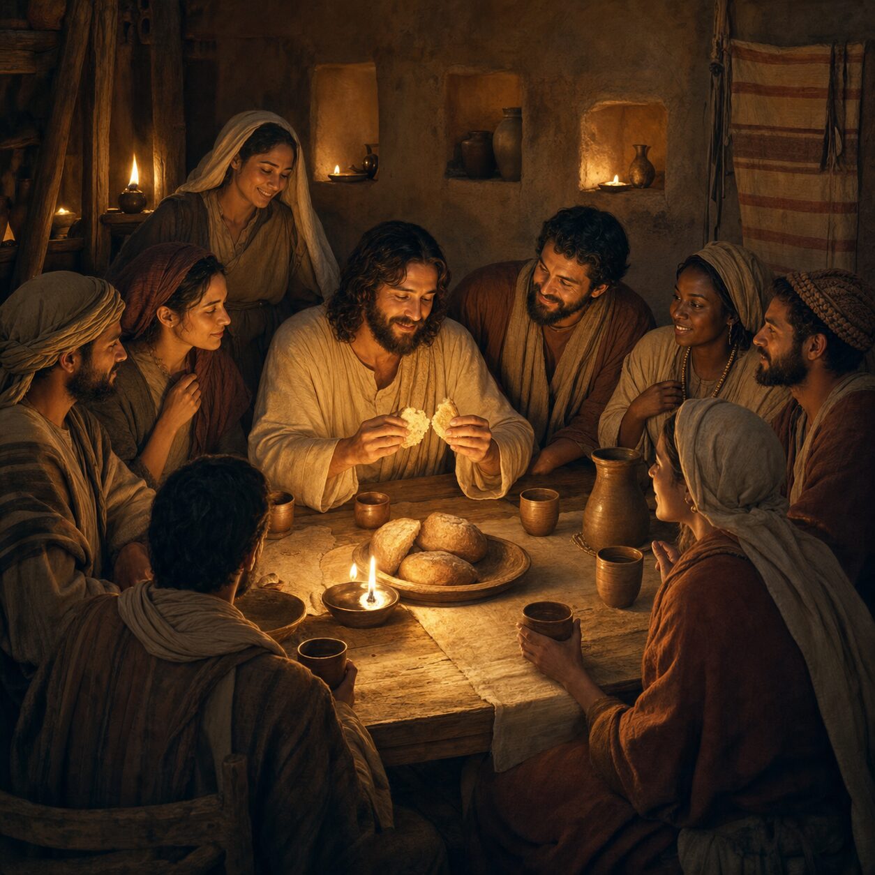 A table fellowship breaking bread and sharing love around the Lord
