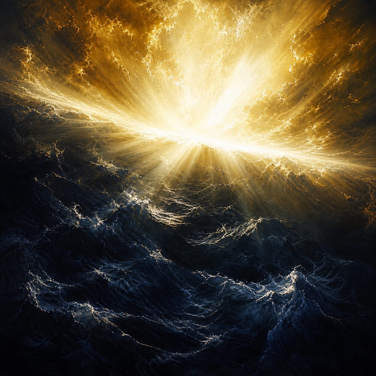 Let there be light — an illustration of the first light breaking over the dark, chaotic waters