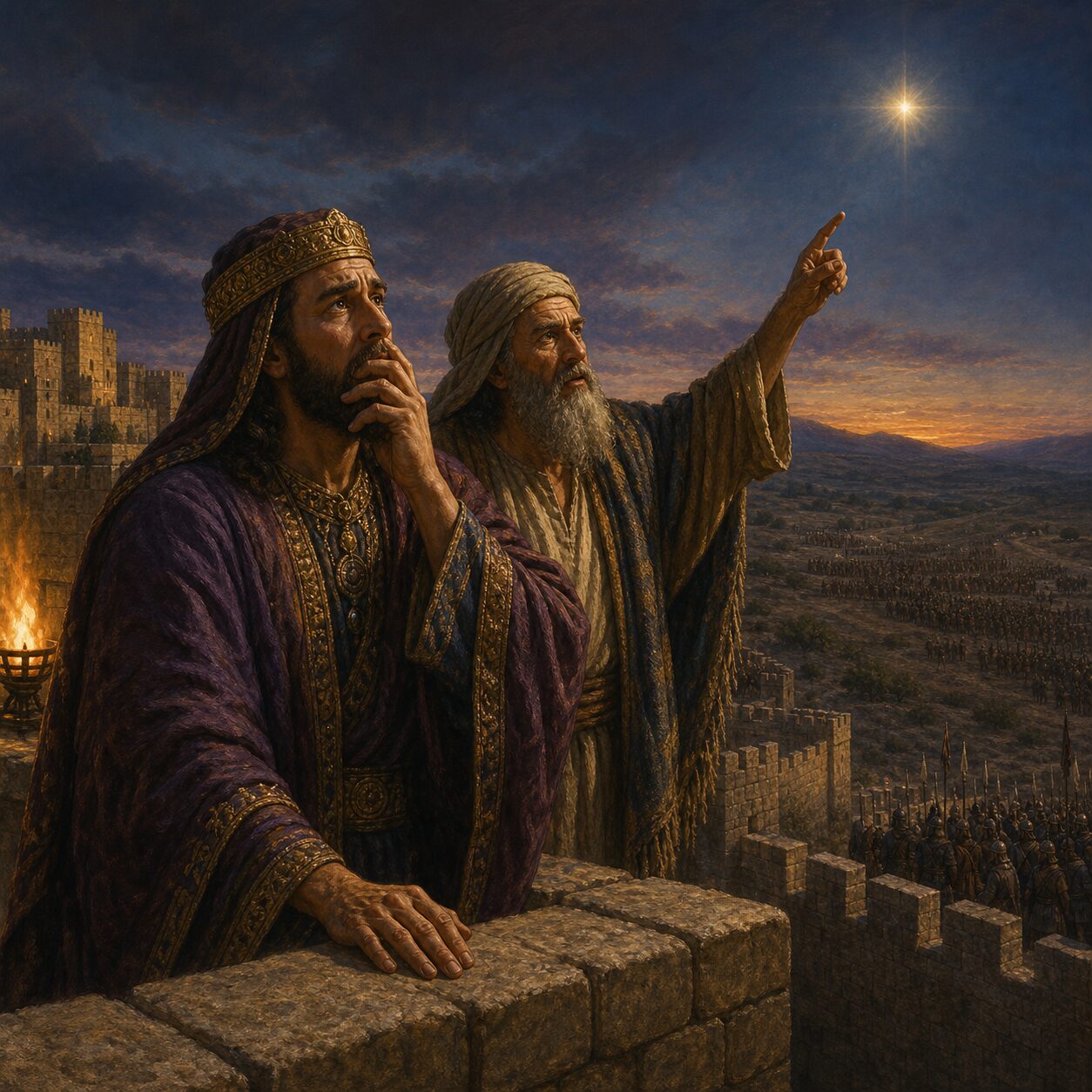 A prophet pointing heavenward beside a king lost in fear — a symbolic illustration of the crossroads of fear and faith