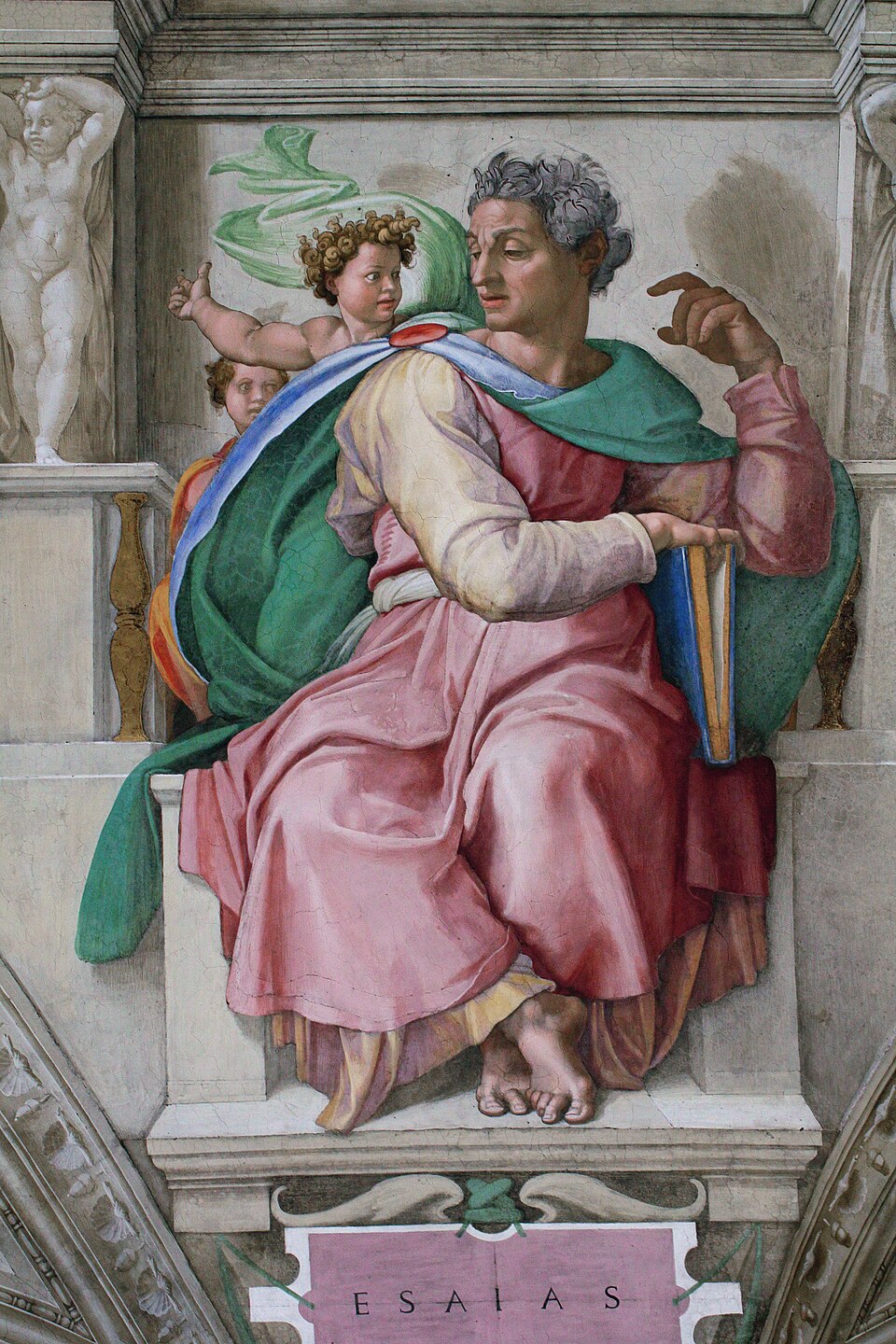 Michelangelo, The Prophet Isaiah — Isaiah holding a book and turning his head toward the children behind him, from the Sistine Chapel ceiling