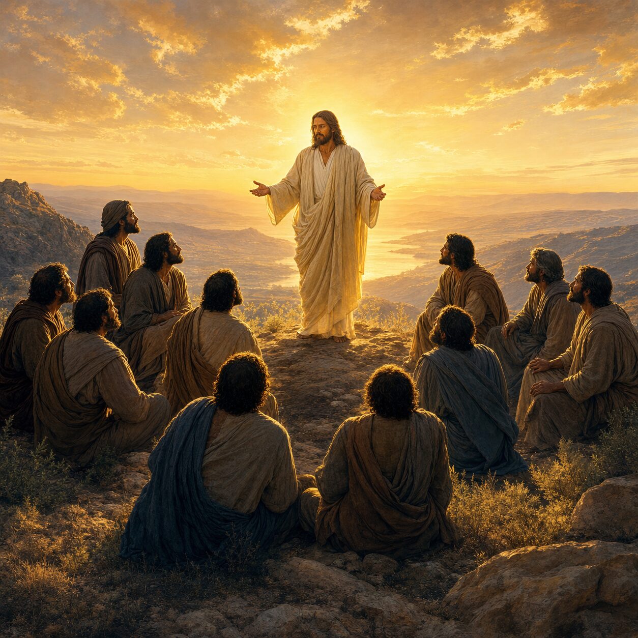 An illustration imagining the risen Lord giving the Great Commission to the eleven disciples on a mountain in Galilee