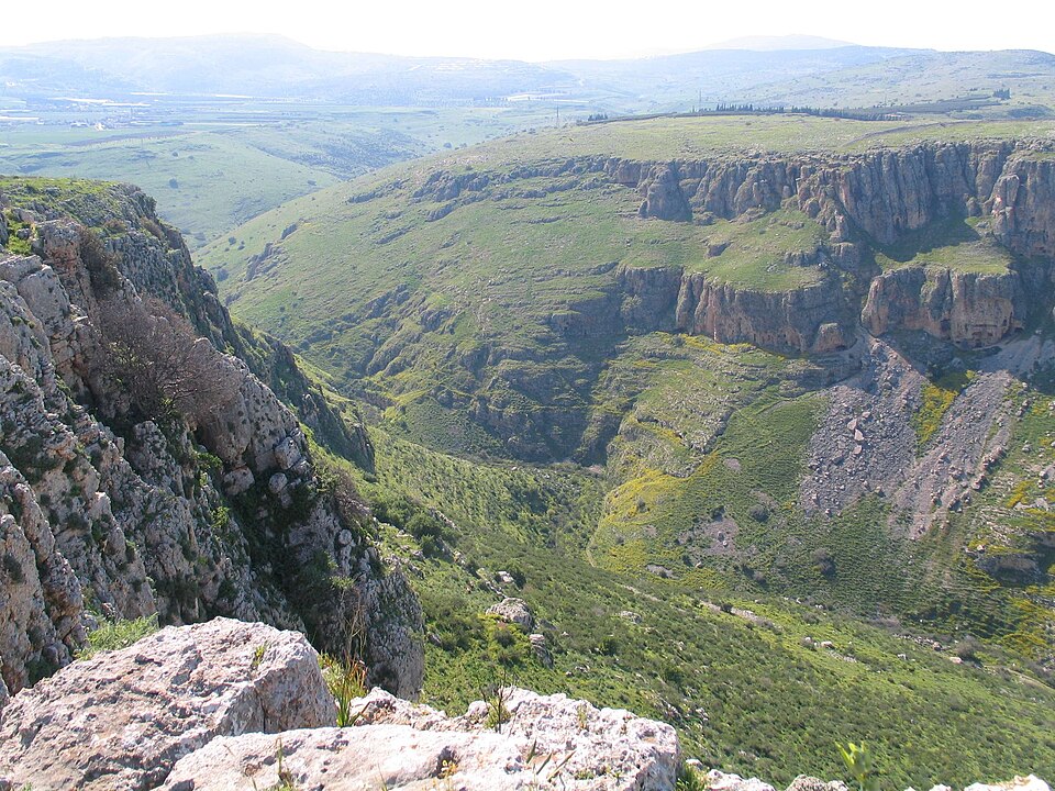 Mount Arbel (left) and Mount Nitai in Galilee, with the valley and cliffs between them