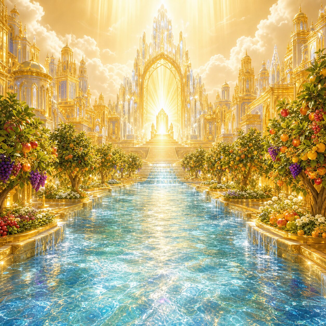 The river of the water of life flowing from the throne, with the tree of life on either side