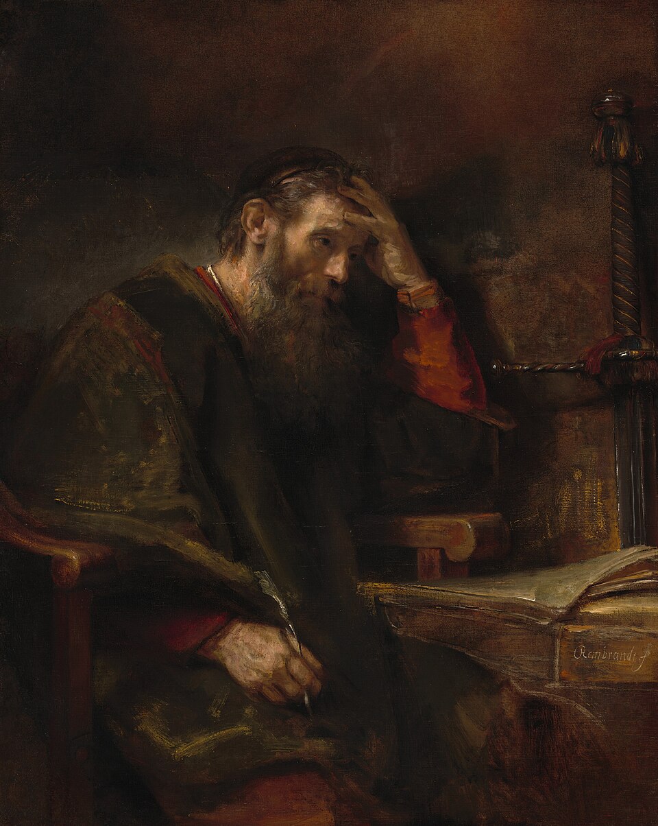 Rembrandt, The Apostle Paul — the apostle Paul at his desk, pen in hand, lost in thought