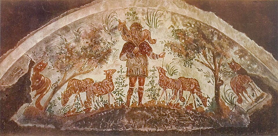 Good Shepherd fresco from the Roman catacombs — a shepherd carrying a sheep on his shoulders among the flock