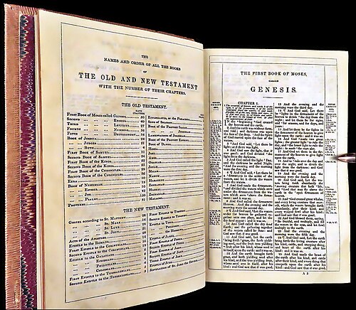 Photograph of the opening page of Genesis in an 1873 edition of the Bible