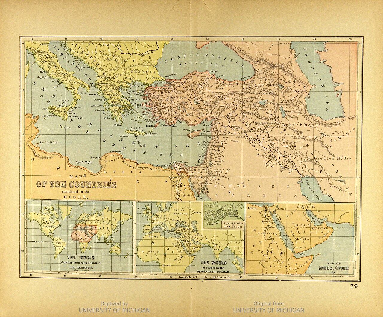 A 19th-century map marking the nations mentioned in the Bible, with an inset in the lower left showing the world as peopled by Noah's descendants