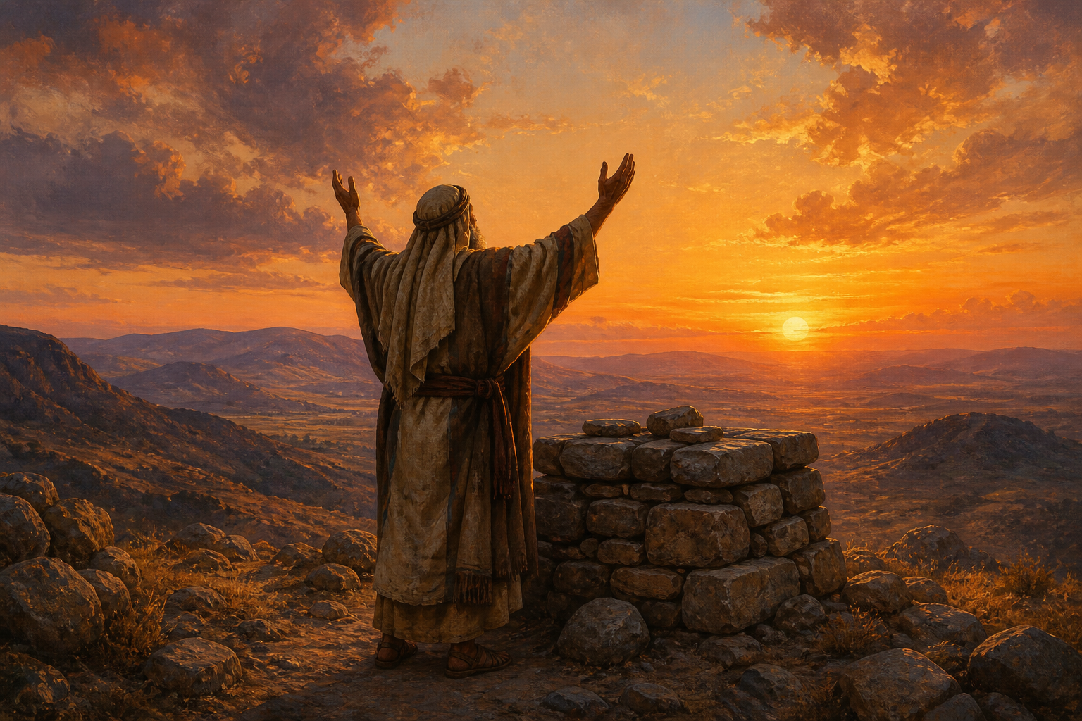 An illustration symbolically depicting a nomadic patriarch standing with hands raised before an altar