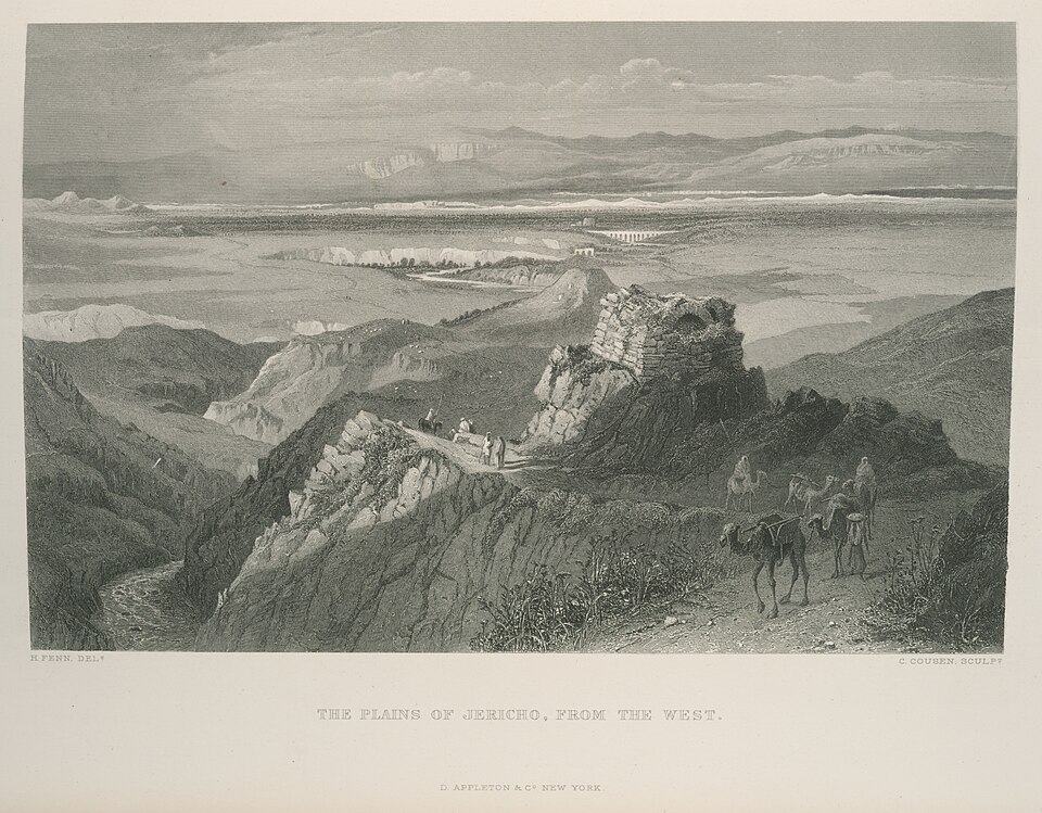 A 19th-century engraving looking down on the plain of the Jordan (the plains of Jericho) from the western highlands