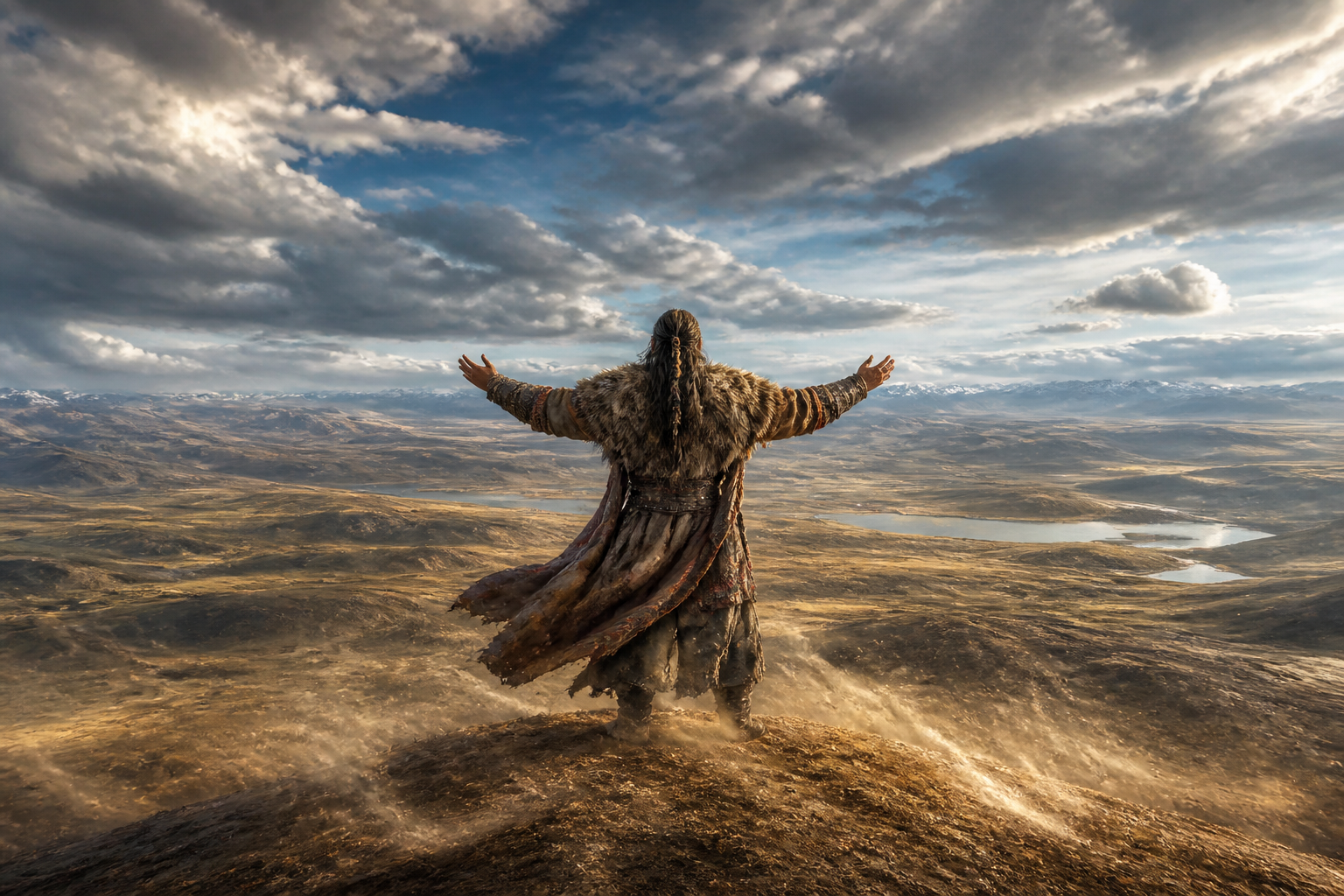 An illustration symbolically depicting the back of a nomadic patriarch standing on a hilltop with arms spread toward the horizon