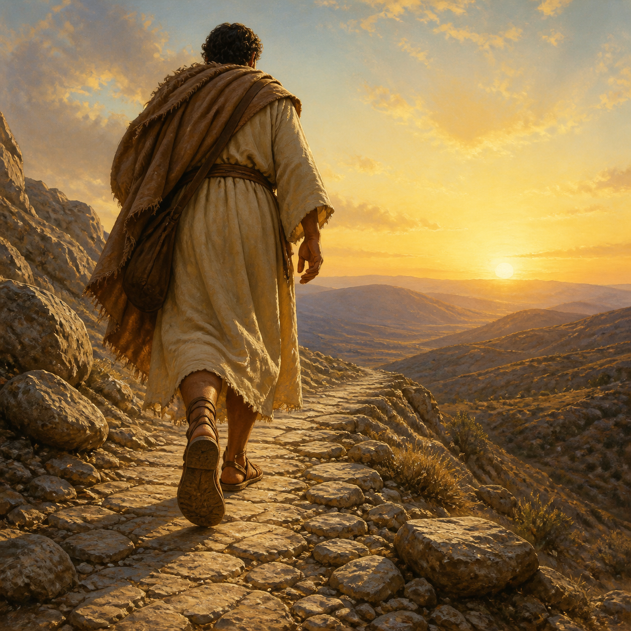 Illustration of an ancient messenger seen from behind, walking a stone road over the hills at daybreak