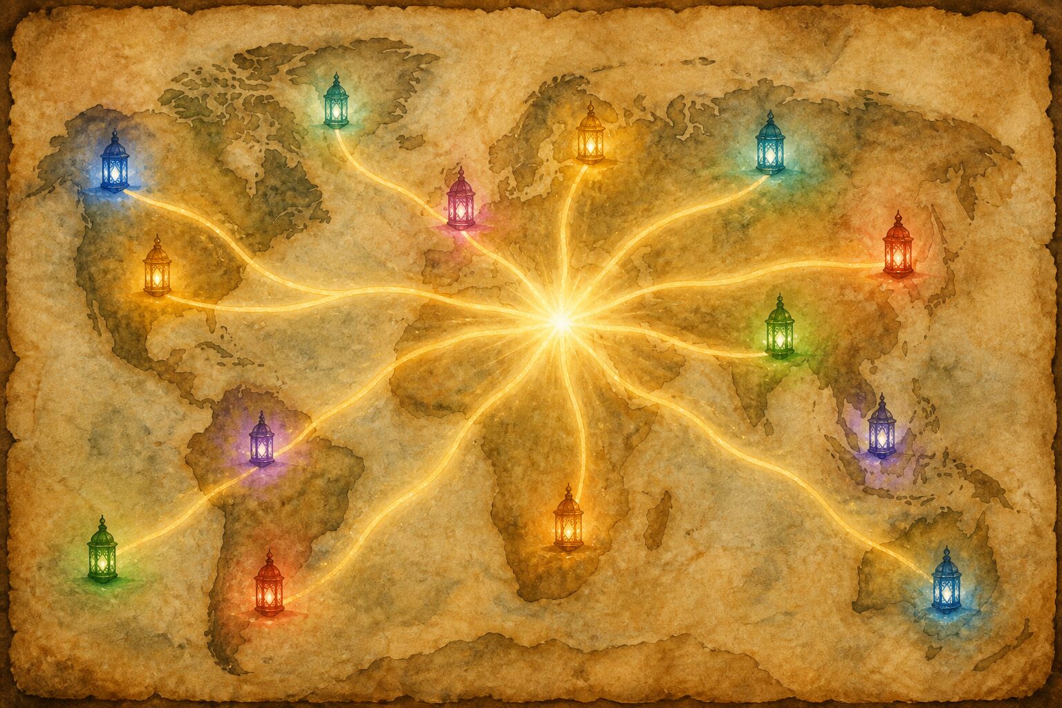 A symbolic illustration of rays of light spreading across the world over an ancient map