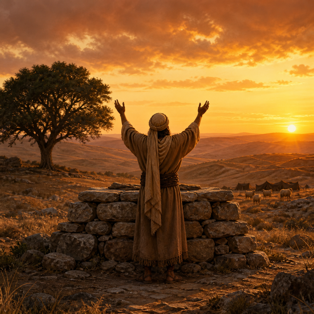 A symbolic illustration of Abram standing with both hands raised before an altar