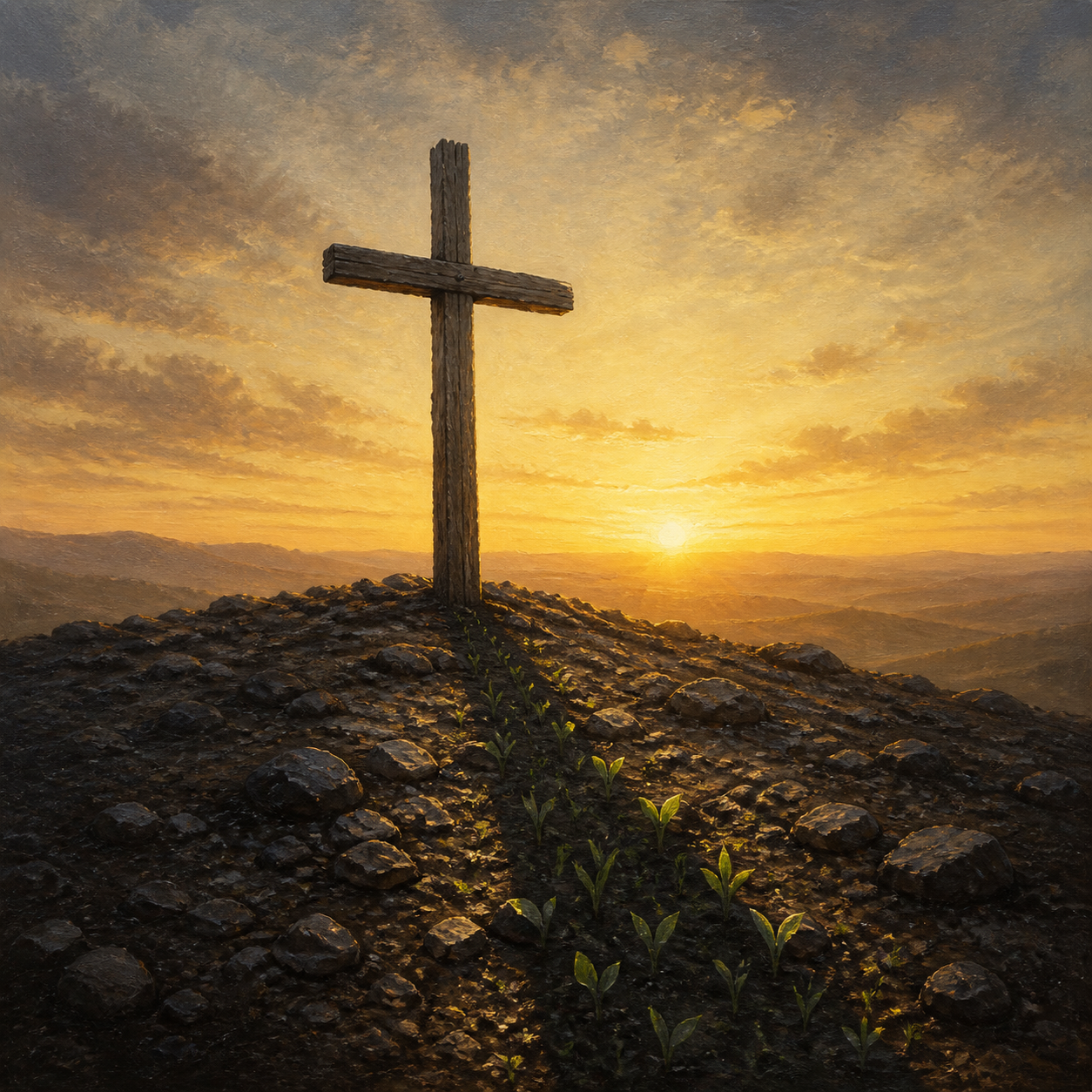 A wooden cross on a hill at dawn with green shoots rising inside its shadow