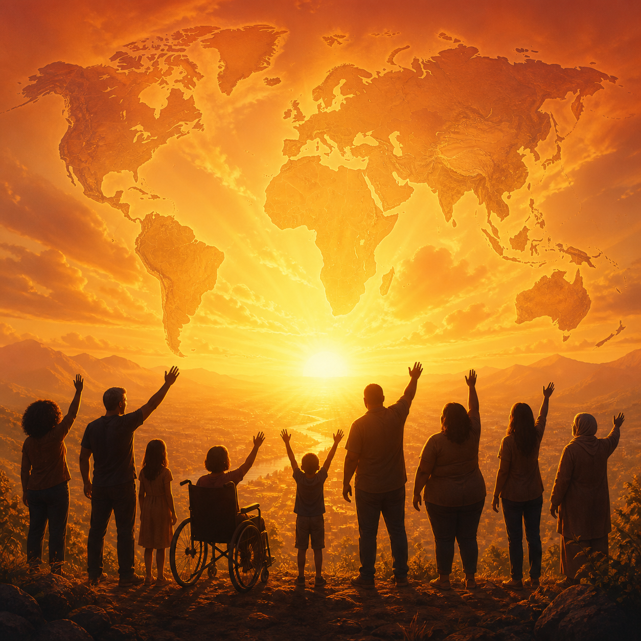 Symbolic illustration of silhouetted people reaching toward the world