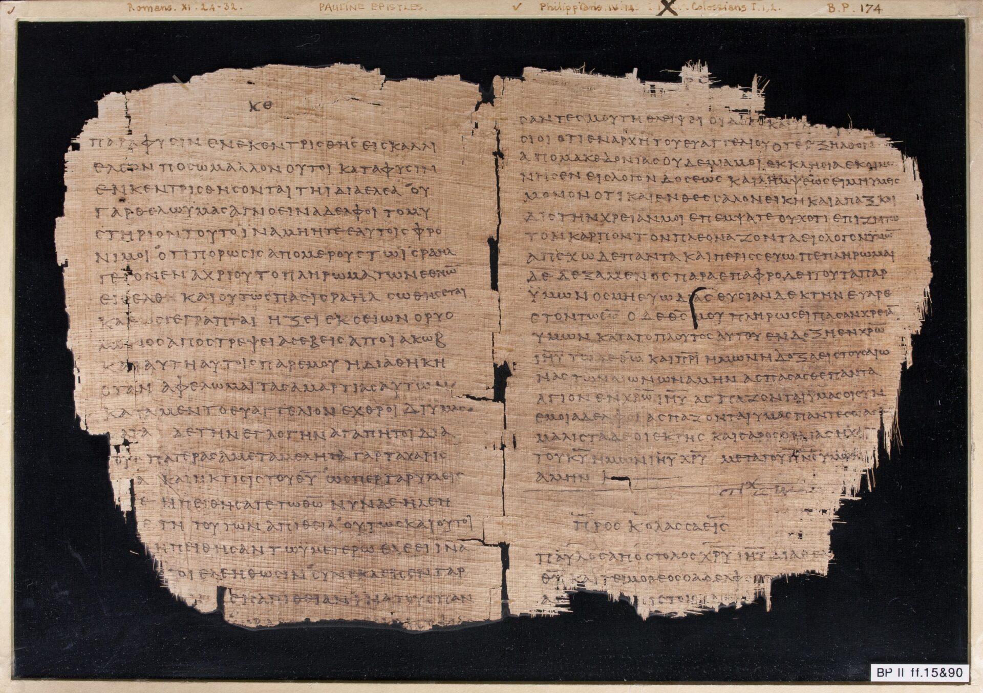 A Papyrus 46 bifolio in Greek uncials containing Romans, the end of Philippians and the beginning of Colossians