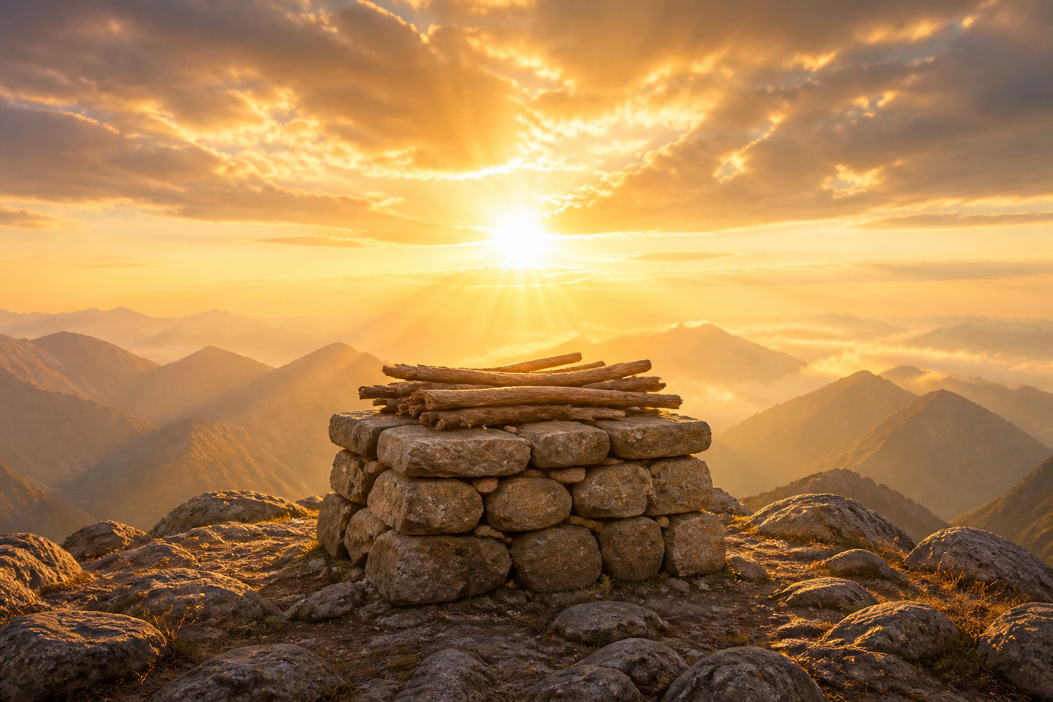 A stone altar with wood on a mountaintop at sunrise, symbolic illustration