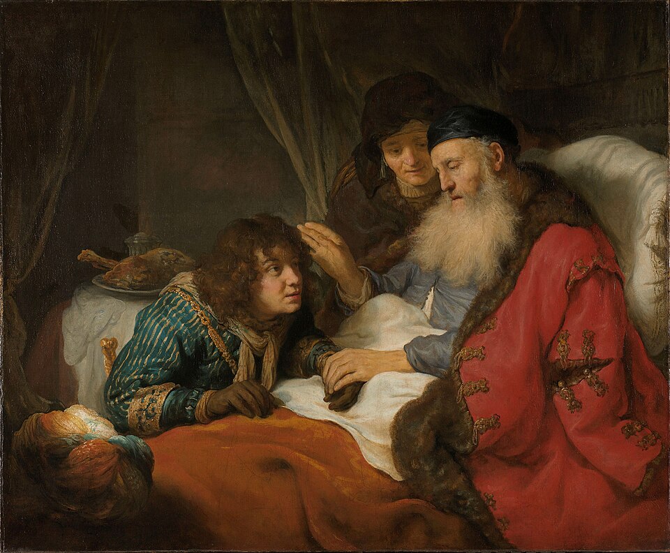 A 17th-century painting of the aged Isaac, lying in bed, raising his hand to bless Jacob while Rebekah looks on