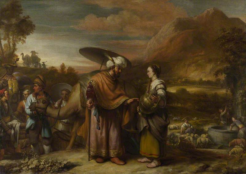A 17th-century painting of Abraham's elderly servant meeting Rebekah at the well, with camels nearby