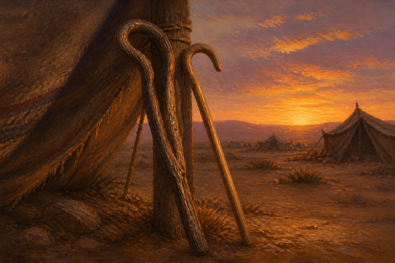 An old staff and a new staff leaning side by side against a desert tent post at sunset