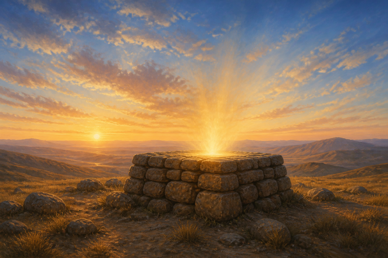 An empty altar of rough unhewn stones on a highland at dawn, with warm light rising from it toward the sky instead of a victim